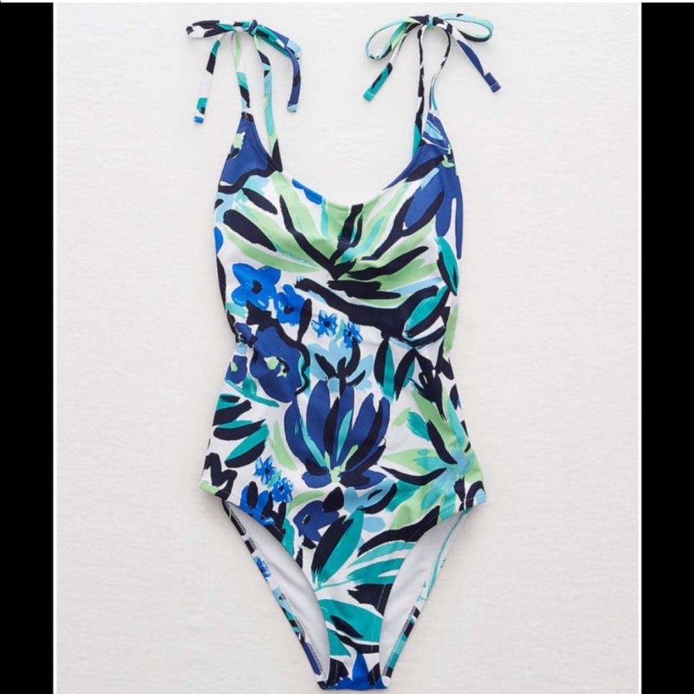 Aerie Floral Tie Strap One Piece Swimsuit Blue Green EUC Medium M